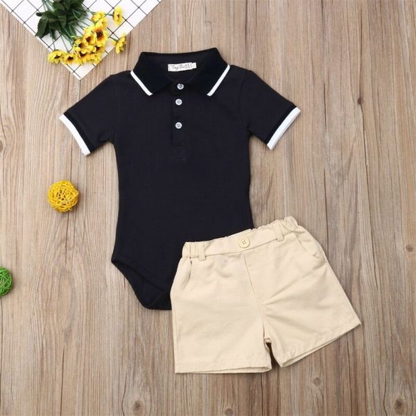 

2pcs toddler kids baby boy outfit set clothes short sleeve turn-down collar romper shirt + short pants gentleman suit, White