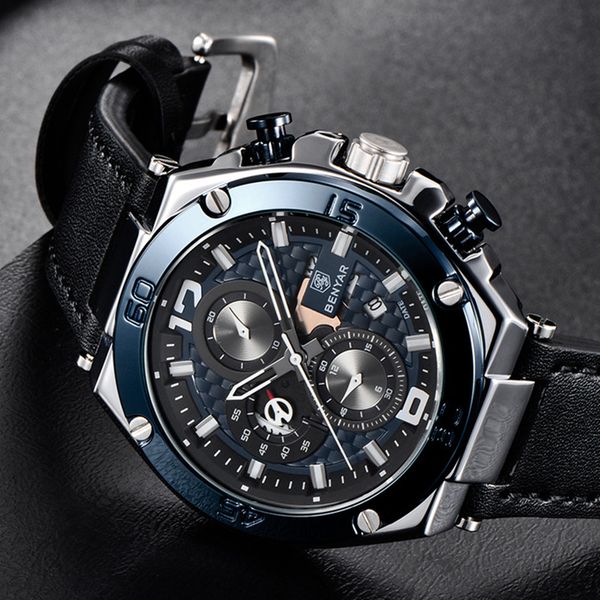 

brand benyar 2019 new waterproof chronograph luxury quartz leather black strap light blue dial men's watch date reloj hombre, Slivery;brown