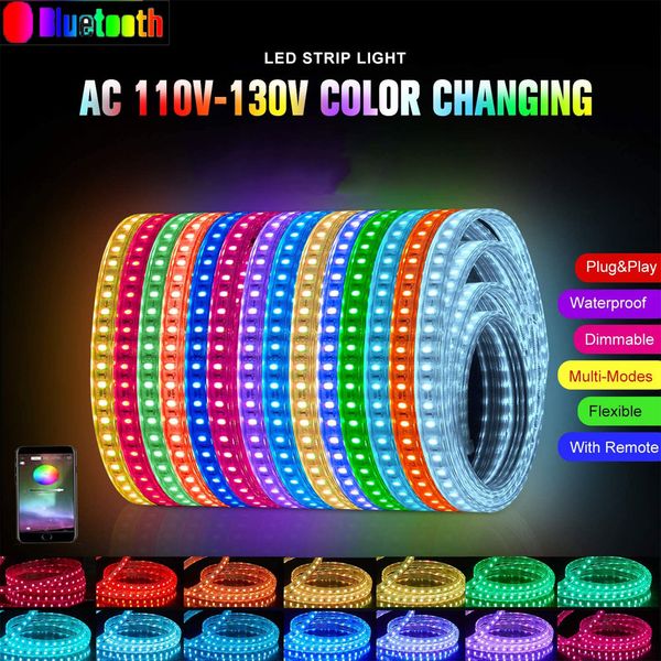 

led strip light, 220v bluetooth/app dimmable 5050 rgb flexible color changing waterproof rope light with remote for building outdoor home