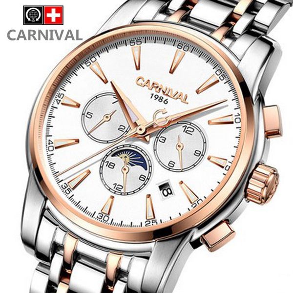 

carnival automatic mechanical sports brand men watches full steel waterproof fashion luminous luxury watch big dial, Slivery;brown