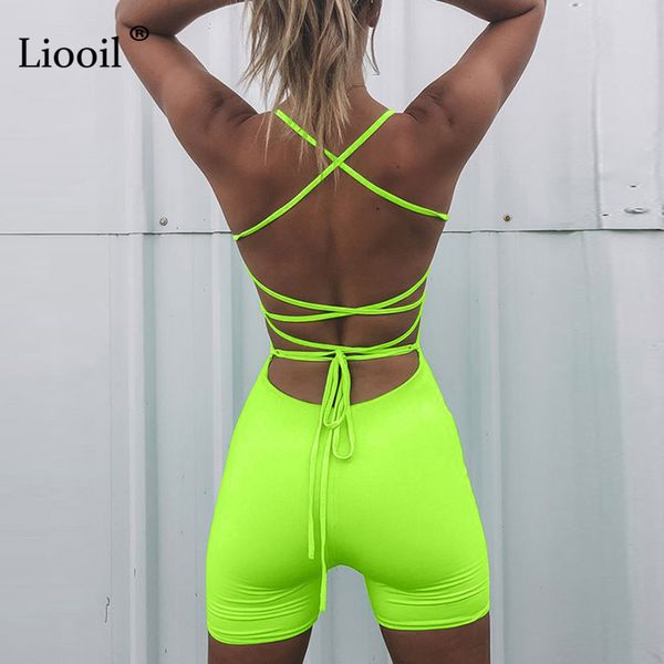 

liooil backless playsuits lace-up bodycon jumpsuits for women 2019 summer fluorescent green party rompers womens jumpsuit, Black;white