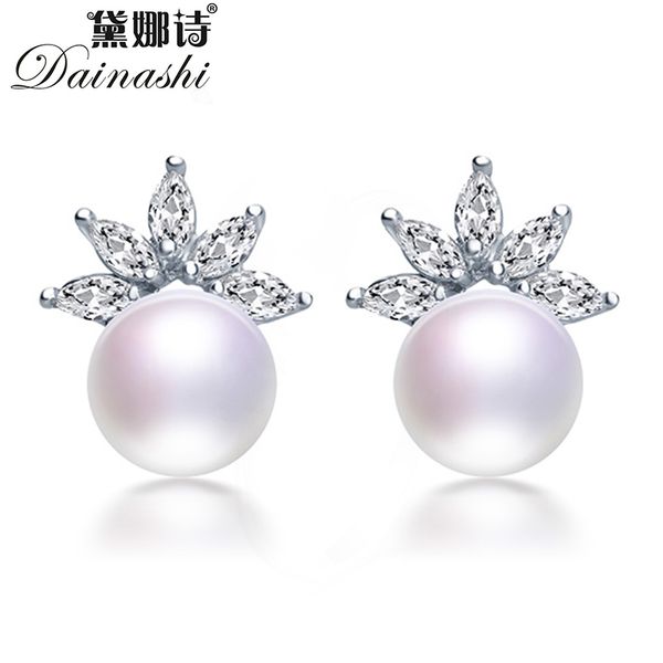 

dainashi 925 sterling silver flower earrings for women 100% genuine natural freshwater pearl stud earrings sale, Golden;silver