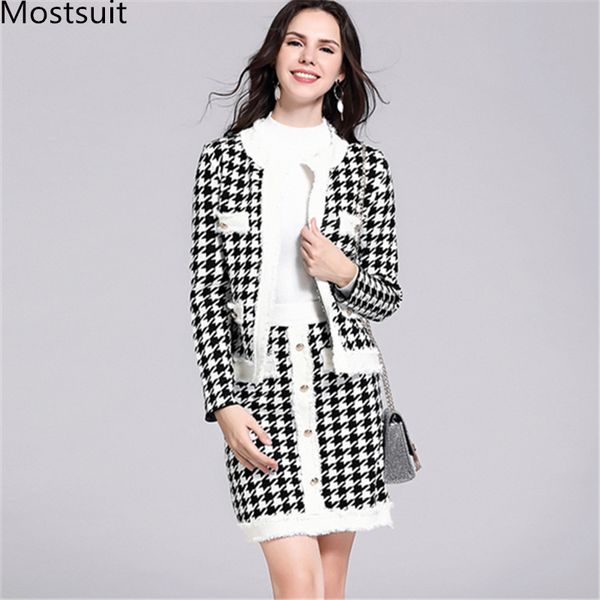

vintage houndstooth knitted women two piece skirt sets outfits sinegle breasted cardigan and mini skirt suits elegant ladies set, White