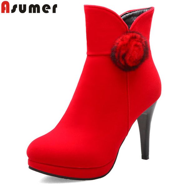

asumer 2020 new ankle boots women round toe zip thin high heels shoes womens boots flock ladies prom autumn winter, Black