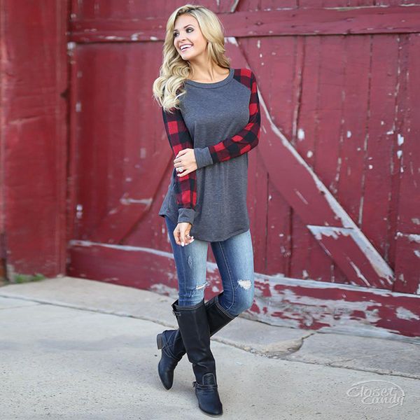 

fashion- plaid patchwork t-shirt panel raglan long sleeve hoodie ladies spring autumn pullover winter sweatshirt blouse shirt ljja2729, Black