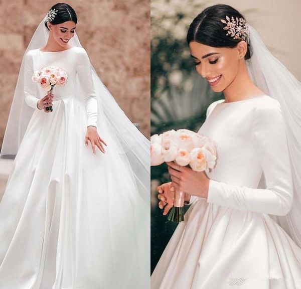 

modest long sleeves satin wedding dresses bateau neck sweep train long sleeves plus size country bridal gowns vestidos de noiva, White