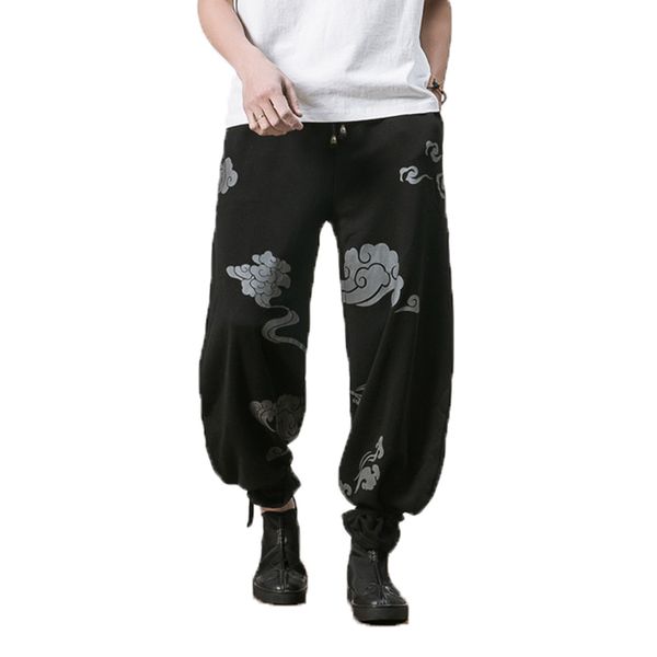 

2019 men chinese style pants male baggy cotton linen harem pants men wide leg trousers man cross-pants pantalon hombre, Black