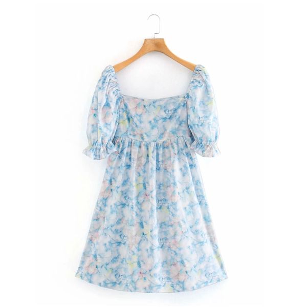 

stylish woman puff sleeve elegant print mini dress 2020 new casual lady square collar loose dresses d5701, Black;gray
