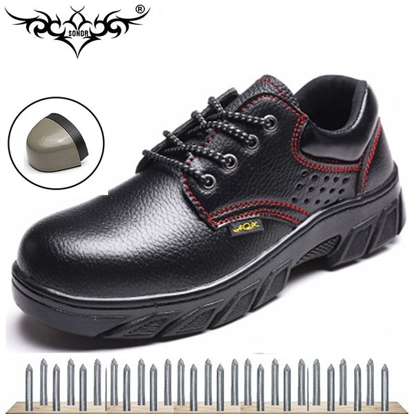 

men's breathable outdoor cow leather steel toe work boots shoes men anti-slip puncture proof safety shoes sneakers 2019 new, Black