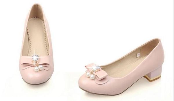 

2019 women's shoes in spring and autumn with new style middle heel coarse heel round head bowknot@2158, Black