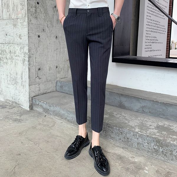 

2019 pantalon slim homme striped suit pants black pantalon de vestir hombre social formal pants for mens office trousers fashion, White;black