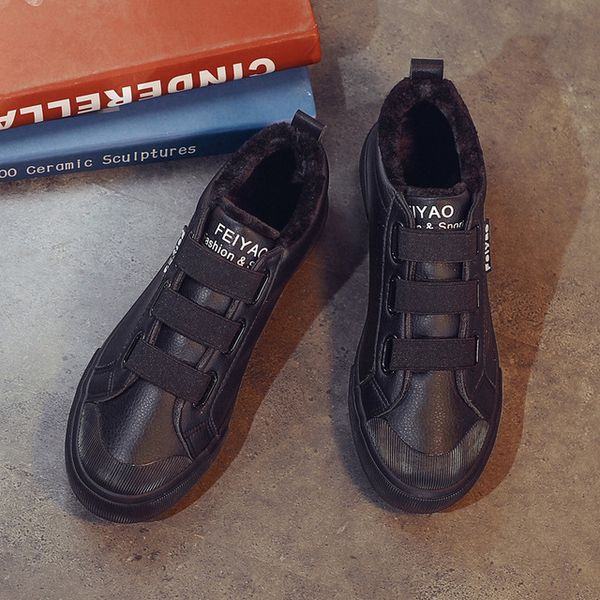 

fashion plus velvet warm korean version hook & loop cotton shoes leather waterproof mens cotton shoes boots zapatos de hombre, Black