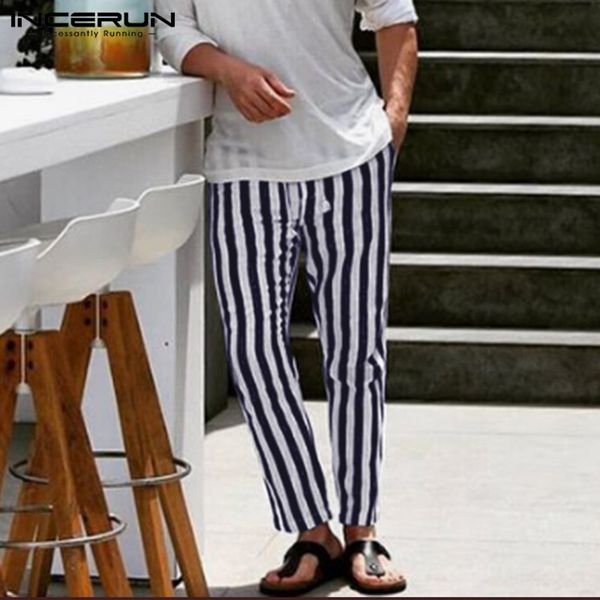 

incerun fashion striped casual pants men streetwear fitness leisure cotton elastic waist straight trousers pantalon hombre 2019, Black