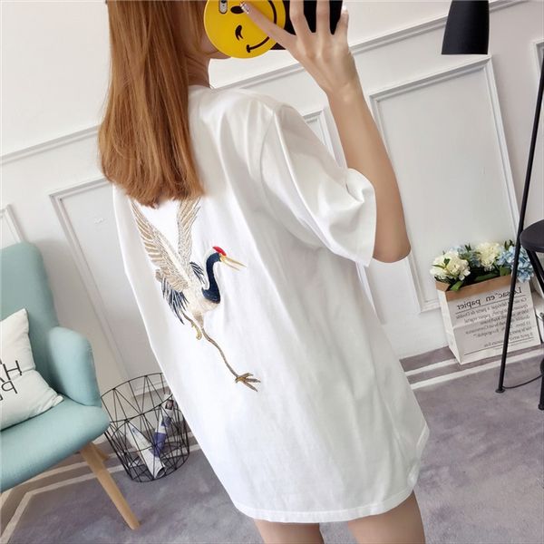 

short-sleeved t-shirt women 2020 embroidery clothing student clothing loose embroidery round collar casual versatile women's student, White