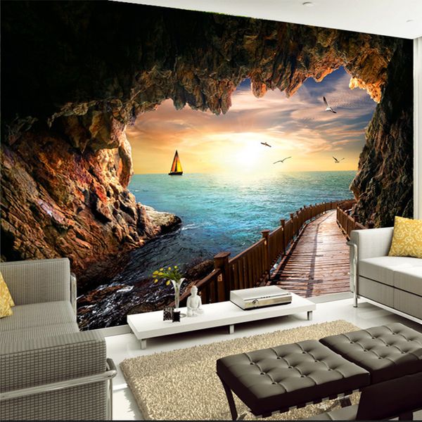 Benutzerdefinierte Fototapete Schöne Sonnenuntergang Höhle Meer Landschaft 3D Wandbild Wohnzimmer Esszimmer Moderne Kreative Tapeten