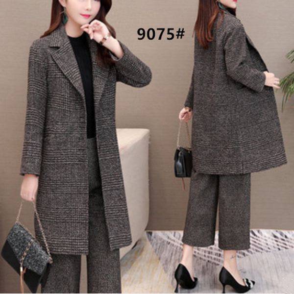

autumn and winter fashion grid woolen cloth suits female easy leisure han edition brim wide-legged pants two-piece big yards, White