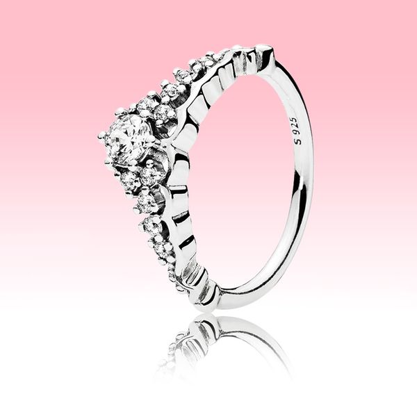 

womens big cz diamond wedding ring with original box for pandora 925 sterling silver fairy tale tiara wishbone ring engagement gift, Slivery;golden