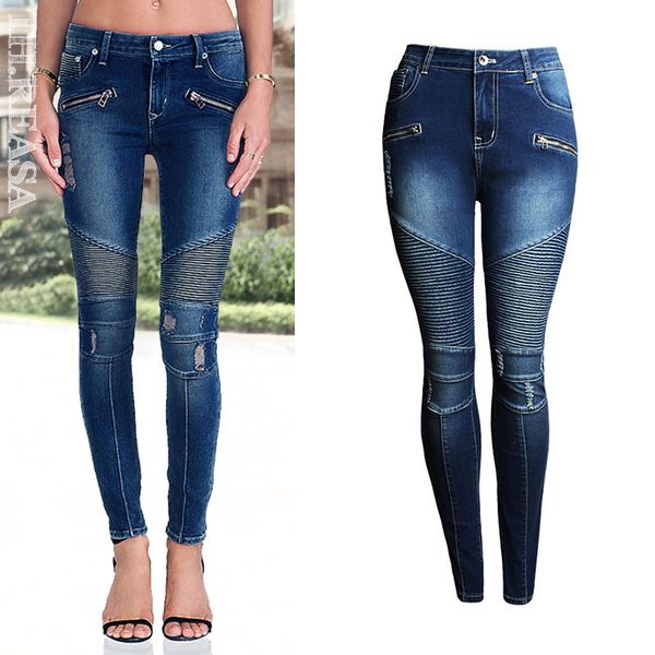 

2019 women`s motorcycle biker zip mid high waist stretch denim skinny pants motor jeans for women, Blue