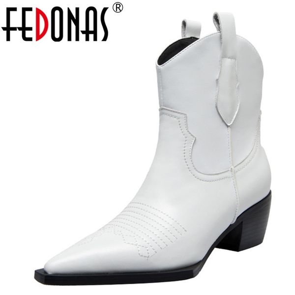 

fedonas new fashion women ankle boots slip on pointed toe high heels comfortable western boots party genuine leather short, Black