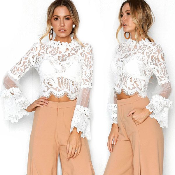 

Women Lace Shirt Blouse Hollow Sweet Fashion Cotton Long Bell Sleeve O-Neck Chiffon Blouse White Tops