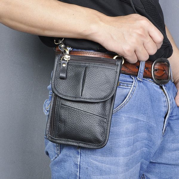 

fashion real genuine leather hook waist pack cross-body bag 6" summer pouch cigarette case phone fanny waist belt bag pack 8301