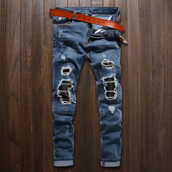 

new retro washed blue & black men's faux leather patch holes jeans hip-hop ripped skinny motorcycle biker jeans denim pants