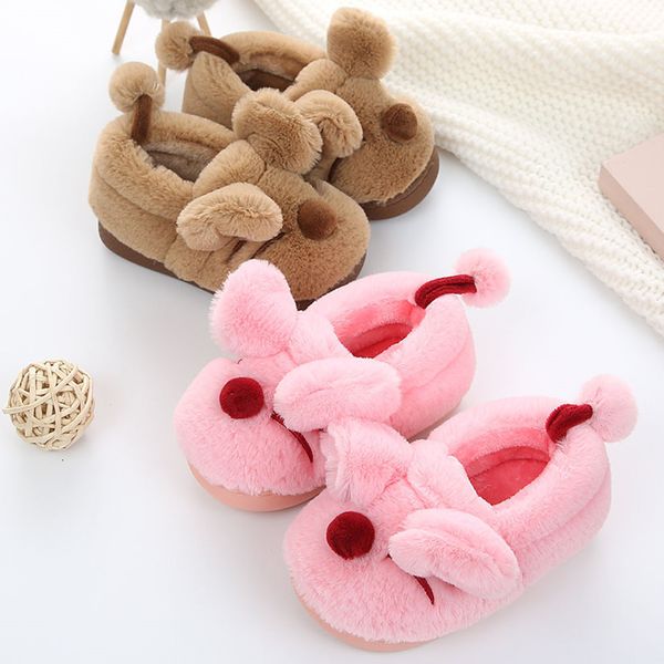 

winter lovely cartoon childrens cotton boots warm plush soft non-slip baby shoes kids soft comfortable flat plush boot, Black;grey