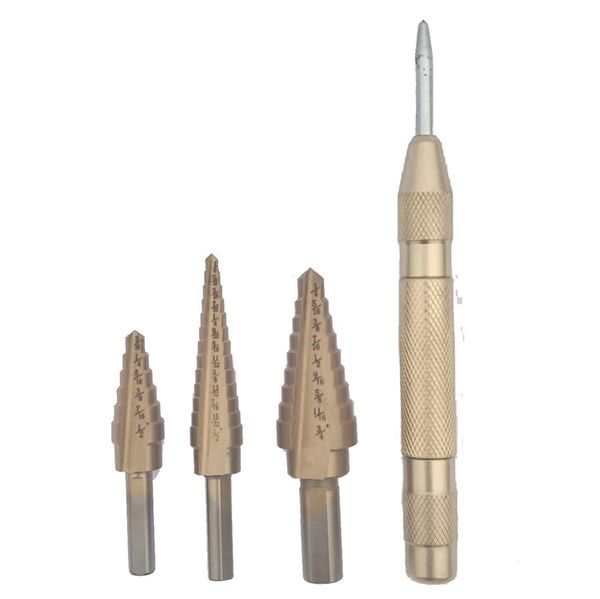 

triangle handle step drill set pagoda drill bit open hole reaming center punch four piece set 4241 6/9/13 order and punch