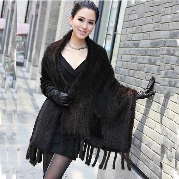 

high quaity real knit shawl poncho fur jackets women fashion natural coats 2018 new autumn winter, Black