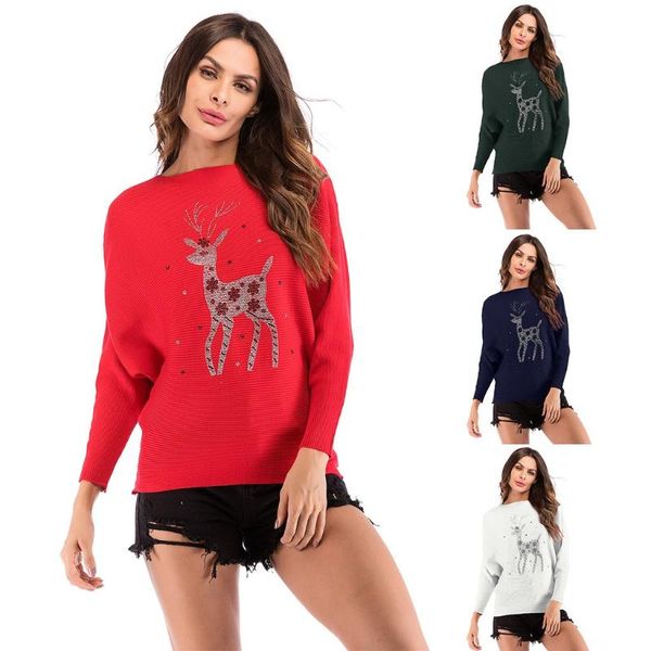 

print deer sweater women 2020 autum and winter casual elk long sleeve pullover sweater female casual solid christmas, White;black