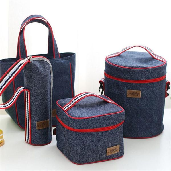 

denim tote portable tote foil insulated lunch bag thermal bags cooler picnic lunch box kids children school portable, Blue;pink