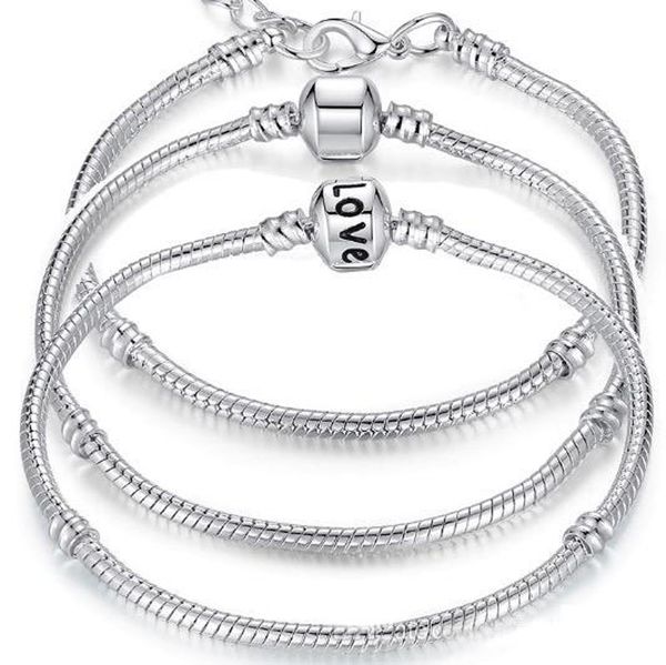 Antique 925 Sterling Silver Charme Braceletes Europeu 3mm Cadeiras Cadeia Fit Pandora Encantos Pulseira Bead Bangle Pulseira Para As Mulheres