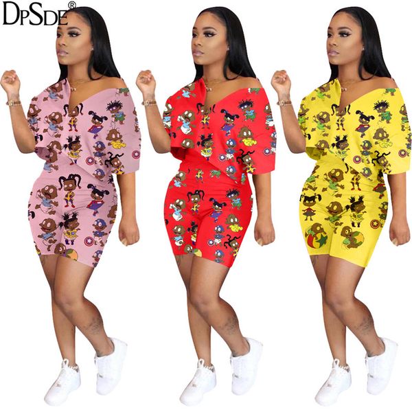 

dpsde women 2020 new casual hip hop style sets short sleeve v neck elastic short pants printed 3 color two piece sets, White