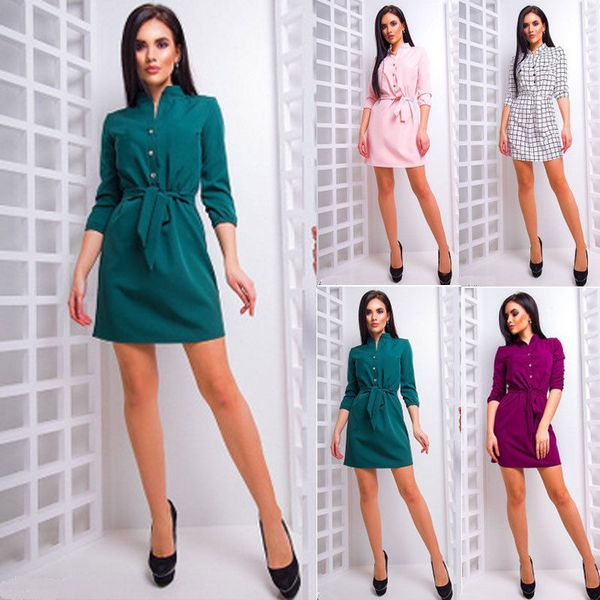 

women summer three quarter sleeve stand collar loose chiffon shirt dresses ladies casual button solid plaid mini dress, Black;gray