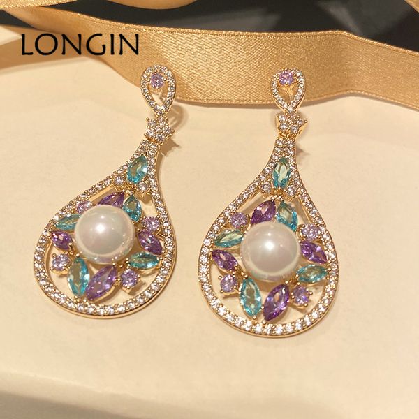 

famous style new micro-inlaid colorful zircon pearl gold ladies pipa earrings fashion temperament banquet jewelry hediye, Golden;silver