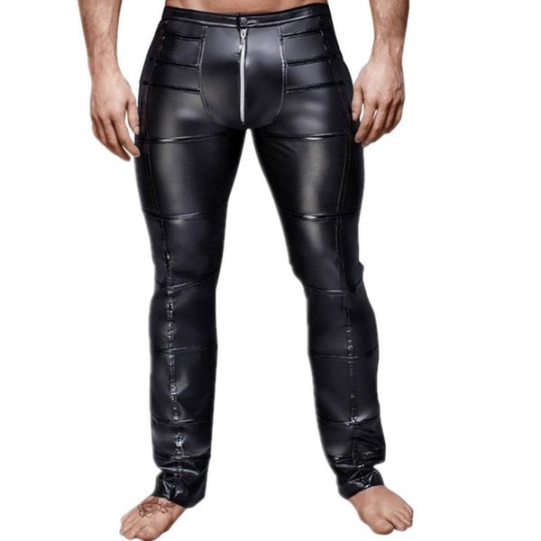 

mens skinny wetlook shiny black pu leather trousers for male trouser stage club wear biker pants gay wear