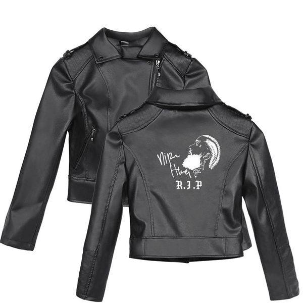 

nipsey hussle pattern print with zipper leather jacket plus size long sleeve female coat teenager style, Black