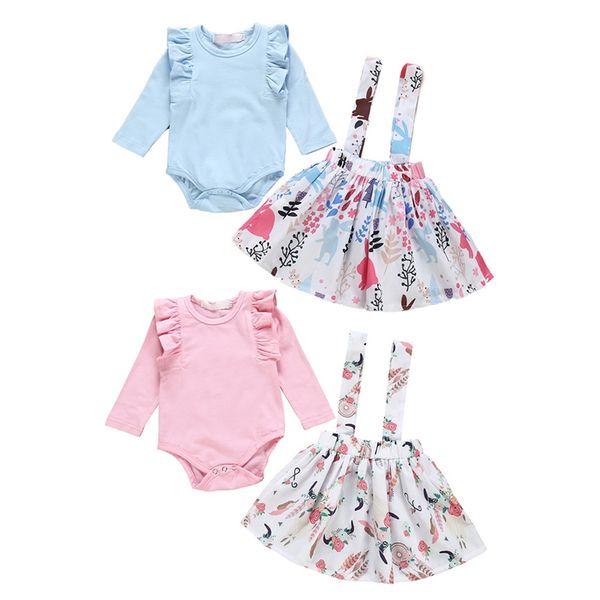 

newborn baby girls clothes sets spring autumn casual fashion kids girls long sleeve rompers and printing suspender skirt outfit, White