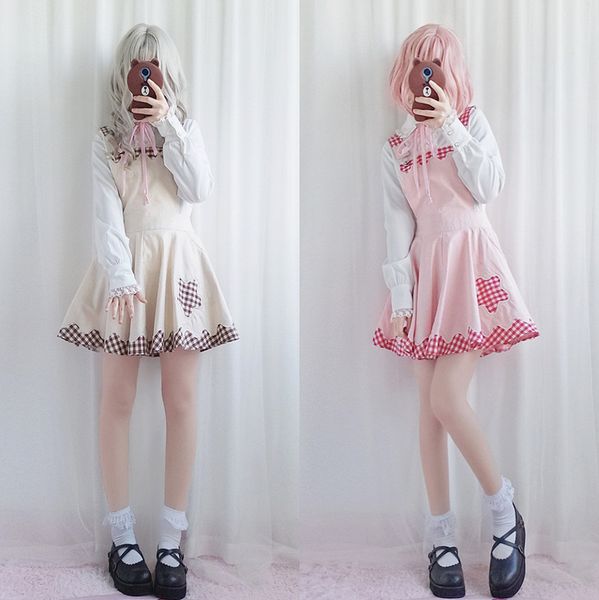 

2018 spring new japanese college style cute girl soft sister lace plaid student strap lolita dress female, Black;red