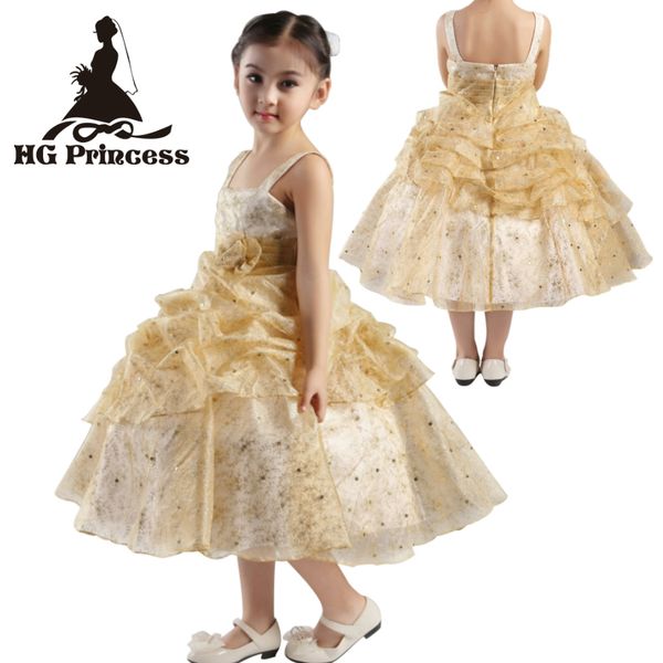 

child party dress stock kids evening gowns mid calf red gold flower girl dresses for weddings factory sales, Red;yellow