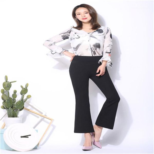 

elasticity solid color fashion female pants woman designer luxury clothes spring casual womens flare high waist, Black;white