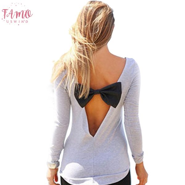 

fashion open back crew neck blouse women spring back bow tie shirt ladies girls backless long sleeve casual tee shirts, White