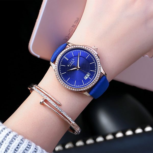 

biden brand ladies wristwatches quartz genuine leather blue red black brown womens watches waterproof calendar fashion clocks, Slivery;brown