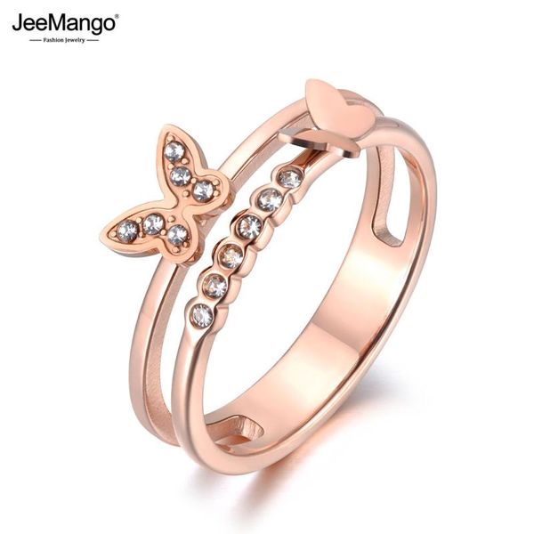 

design titanium steel double butterfly ring rose gold micro pave cz crystal anniversary wedding ring for women jr19019, Golden;silver