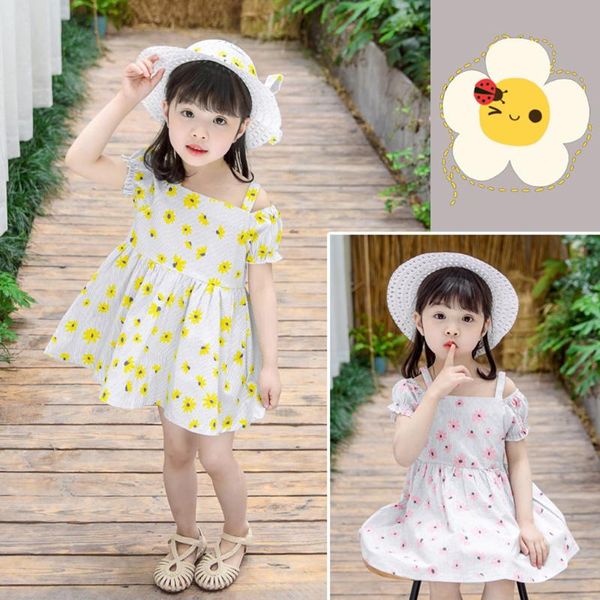 

toddler infant baby girls dress off shoulder floral print dress+hat outfits baby summer dress girls cute vestido niÃ±a, Red;yellow
