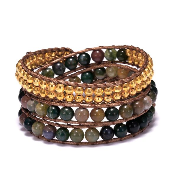 

rinhoo vintage leather bracelets natural stone 3 strands wrap bracelets for men women multilayer boho bracelet handmade jewelry, Golden;silver