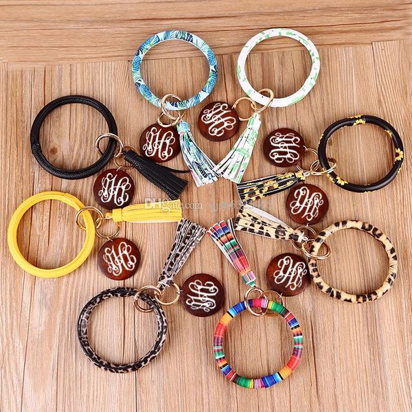 

2020 wholesale personalized pu leather monogram round wood disc trendy round bangle tassel keychaindisc wrist keychain leather bracelet, Black