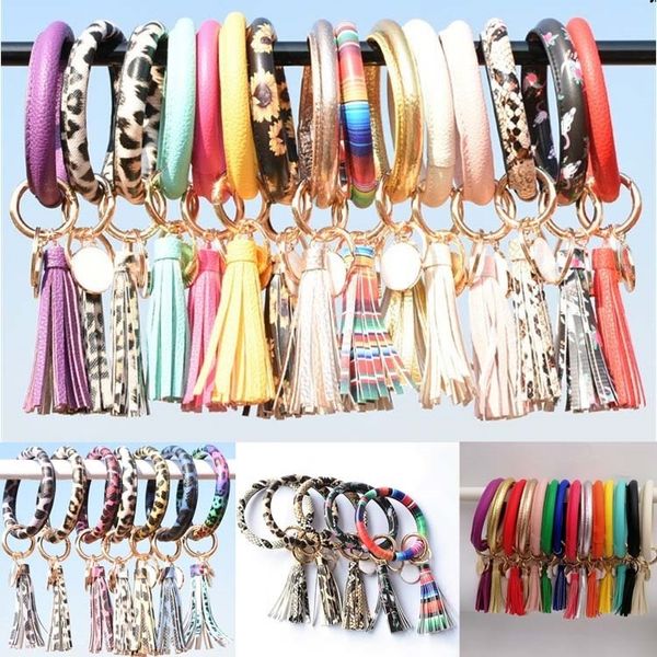 

girls women tassel bracelets pu leather wrap key ring leopard lily print keychain keyring wristband sunflower circle bangle chain wristlet