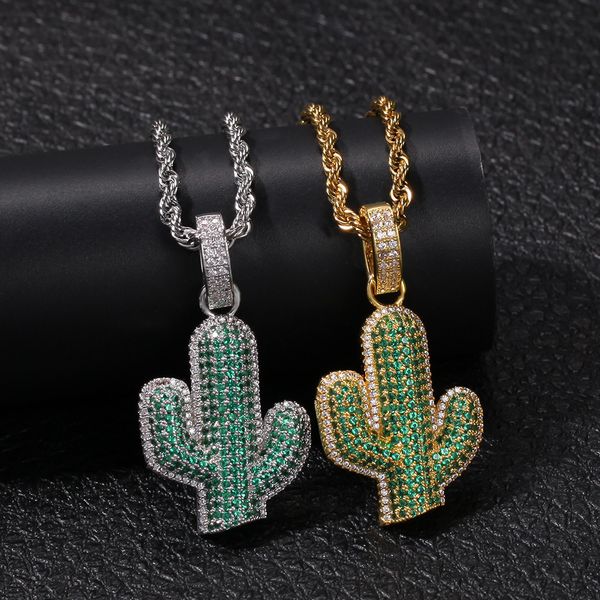 

18k gold white gold plated hip hop bling green diamond cactus pendant chain necklace hip hop bijoux chains rapper jewelry for men & women, Silver