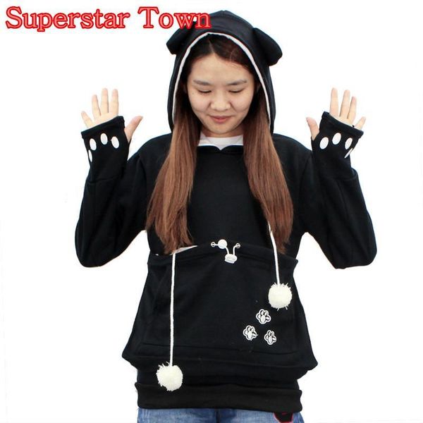 

cute womens cat lovers hoodies with cuddle pouch dog pet hoodies for casual kangaroo pullovers with ears sweatshirt 4xl wholesale, Black